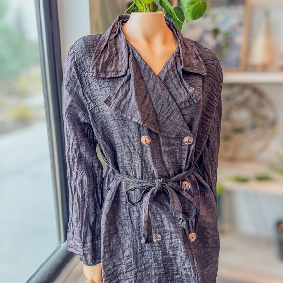 Cut Loose, Sheer Wrinkle Linen Silk Blend Trench Coat Brown w/ Gold Sheen-Medium - Picture 6 of 10